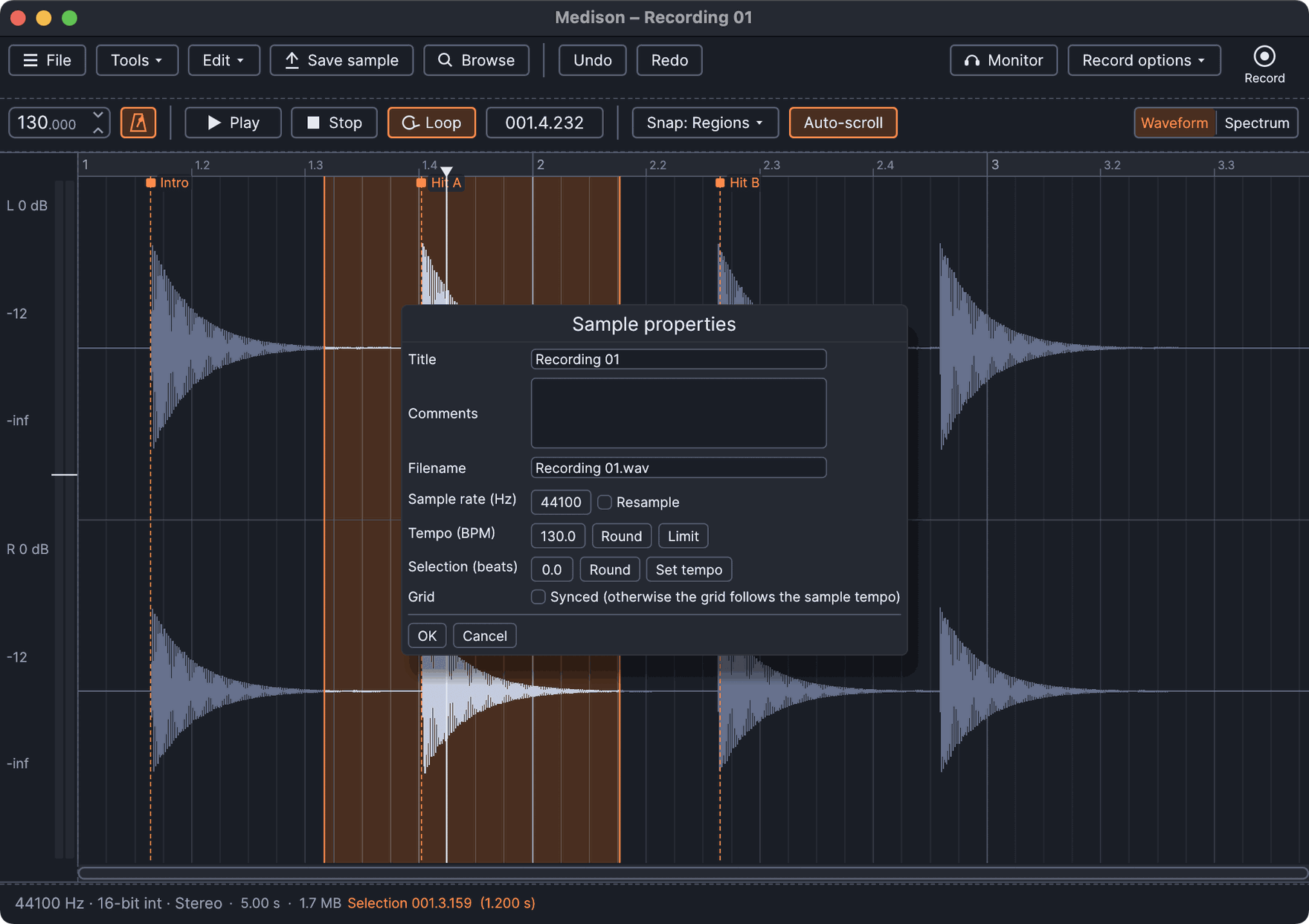 Sample properties dialog